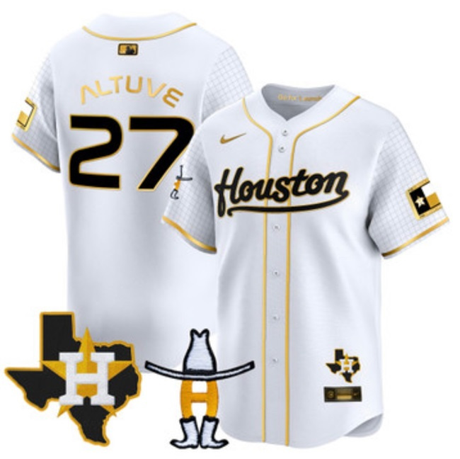 Men's Houston Astros #27 Jose Altuve White/Gold With Patch Cool Base Stitched Baseball Jersey Men's Houston Astros #27 Jose Altuve White/Gold With Patch Cool Base Stitched Baseball Jersey